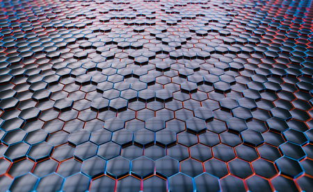 Abstract 3D background with color hexagon, modern technology background with extruding hexagons, 3d illustration, honeycomb, bee nest hive render backdropの写真素材