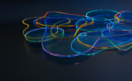 Abstract 3d background wallpaper with glass curved shapes with colorful light emitter iridescent neon holographic edges. Design visual element for banner header poster or coverの写真素材