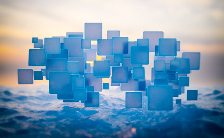 Abstract background, technology concept, 3D rendering, flying blue squares above water, glass materialの写真素材