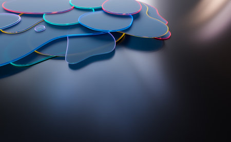 Abstract 3d background wallpaper with glass curved shapes with colorful light emitter iridescent neon holographic edges. Design visual element for banner header poster or coverの写真素材