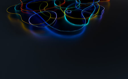 Abstract 3d background wallpaper with glass curved shapes with colorful light emitter iridescent neon holographic edges. Design visual element for banner header poster or coverの写真素材