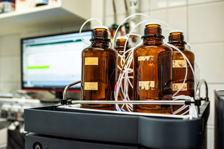 Stock solutions for a purpose of liquid chromatography analysis, bottles are connected directly to the LC machine, science and research backgroundの写真素材