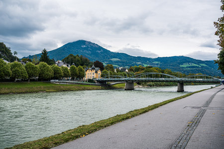 Beautiful of Aerial panoramic view in a Summer season at a historic city of Salzburg with Salzach river in beautiful light sky, Salzburger Land, Austriaのeditorial素材