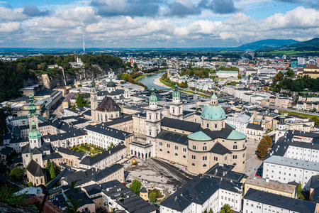 Beautiful of Aerial panoramic view in a Summer season at a historic city of Salzburg with Salzach river in beautiful light sky, Salzburger Land, Austriaのeditorial素材