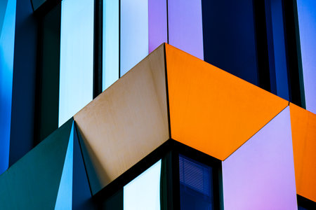 Abstract Architectural Design with Vibrant Colors, Geometric Patterns, and Dynamic Light Playの写真素材