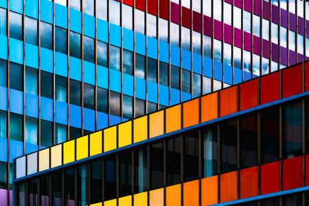 Vibrant Multicolored Facade with Geometric Window Patternsの写真素材
