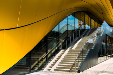 New Masarycka building in Prague, Modern Architectural Facade with Dynamic Curves and Reflective Glass Panelsの写真素材