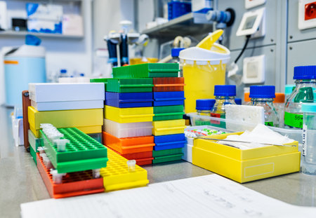Well-Organized Laboratory Workbench Featuring Chemical Supplies, Sample Tubes, and Essential Research Equipmentの写真素材