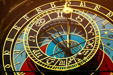 Close-Up View of the Prague Astronomical Clock with Intricate Detailsの写真素材