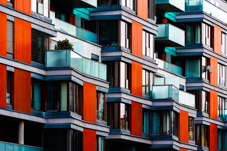 Modern Apartment Building with Large Glass Windows and Minimalist Architectural Designの写真素材