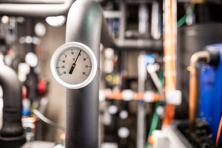 Industrial HVAC System with Automated Controls, Wiring, and Metal Ductwork in a Technical Environment, Isolated Valveの写真素材