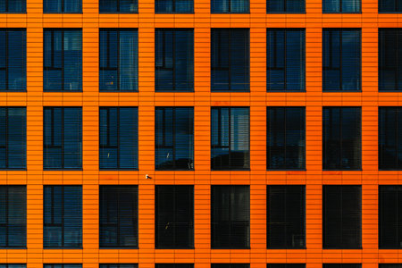 Modern office facade with orange cladding and dark blinds forming a repetitive geometric gridの写真素材
