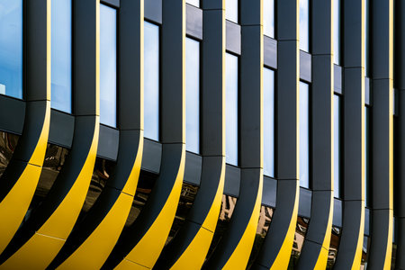 New Masarycka building in Prague, Modern Architectural Facade with Dynamic Curves and Reflective Glass Panelsの写真素材