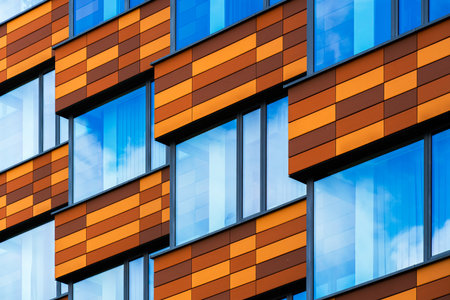 Office building with orange and brown horizontal panels