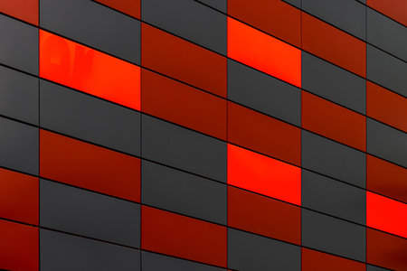Office building facade with geometric red and black metal cladding pattern