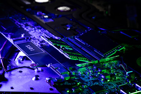 Macro Shot of Laptop RAM Modules and Cooling Fan on PCB with Blue and Purple Lighting