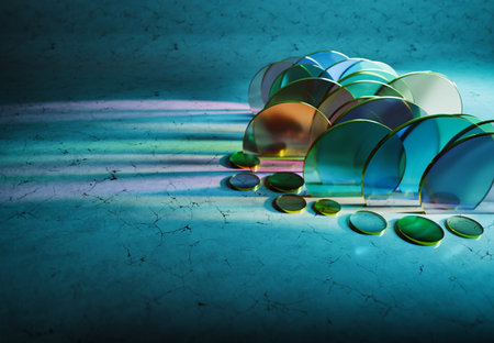3D rendering of background, glass, transparency, reflection, shadow, discs, arcs, semi-circle,...