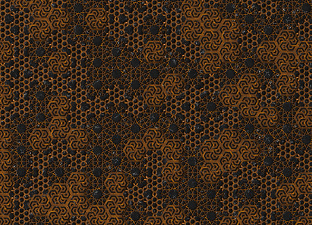 Decorative abstract surface composed of interlocking hexagonal tiles made from a combination of wood...