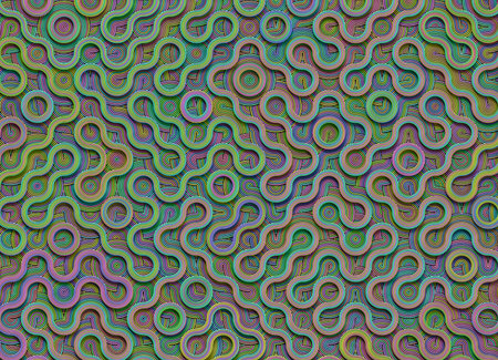 3D rendering of an abstract decorative surface composed of smooth colorful ceramic loops and curved...
