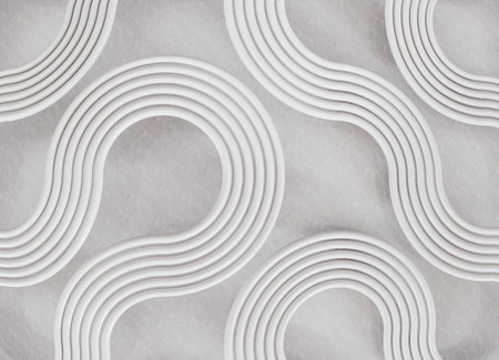 3D rendering of an abstract decorative surface composed of smooth white ceramic bands arranged in...