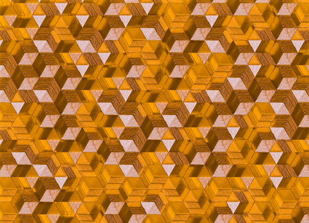 3D rendering of a repeating geometric pattern composed of triangular and rhombus shapes arranged to...