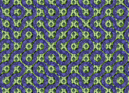 3D rendering of an ornamental textile surface featuring braided purple cords arranged in repeating...