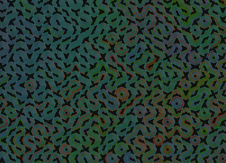 3D rendering of a vibrant abstract pattern composed of glowing neon-like lines forming maze-shaped...
