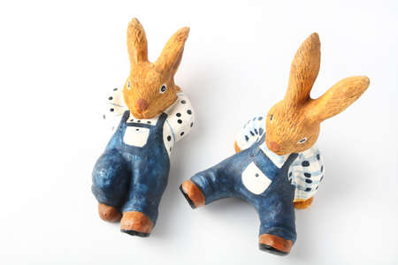 Two easter bunnies on white backgroundの写真素材