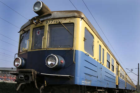  vintage blue and yellow train on a station, Polandの写真素材