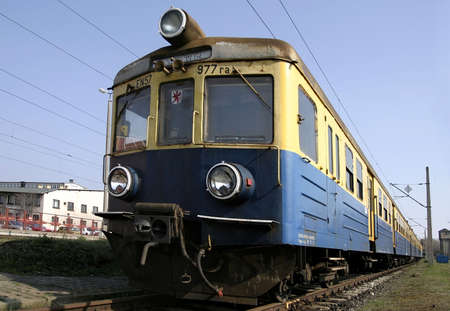  vintage blue and yellow train on a station, Polandの写真素材
