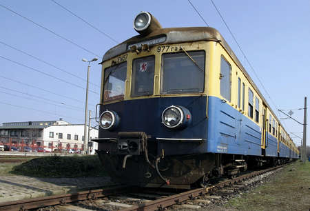  vintage blue and yellow train on a station, Polandの写真素材