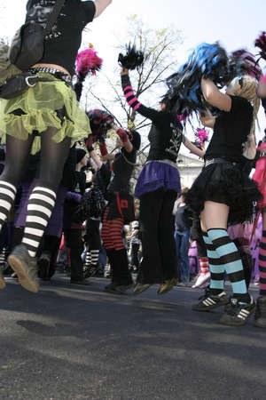 Europeen Economic Summit, May 2004, Warsaw, Poland-  Alterglobalists' demonstration -group of cheer-leadersの写真素材