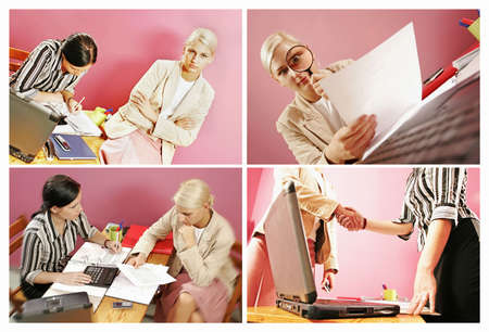 four pictures of work environment- two women over some paperwork in modern office-on pinkの写真素材