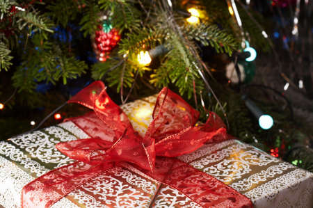 Christmas gifts under the christmas tree with a red ribbon.の写真素材