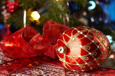 Christmas decoration with red bauble.の写真素材