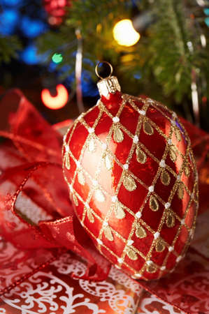 Christmas decoration with red bauble.の写真素材
