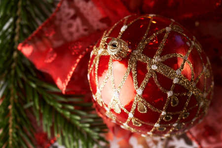 Christmas decoration with red bauble.の写真素材