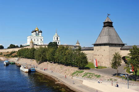 domes with crosses Orthodox Kremlin in Pskov, Russia