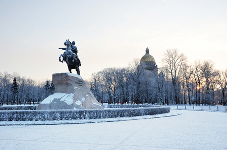 bronze horseman monument and St. Isaac's Cathedral on winter morning  in St. Petersburg, Russiaのeditorial素材