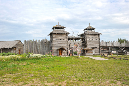 the entrance to the old wooden hillfort in Suzdal, Russiaの写真素材