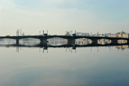 view of the Neva and Blagoveshchensky bridge in St. Petersburg, Russiaの写真素材