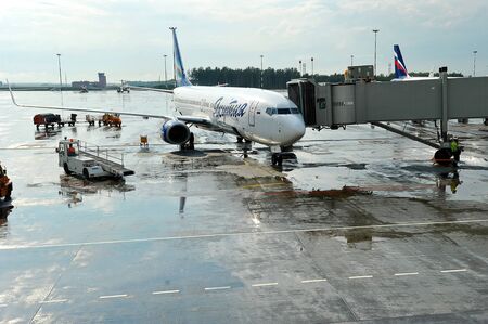 ST.PETERSBURG, RUSSIA - JUNE 22, 2015: the plane arrived at the airport, Pulkovo, Russiaのeditorial素材
