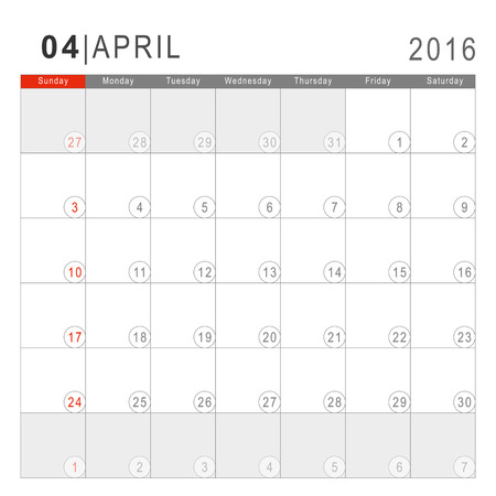 Calendar 2016. Vector Flat Design Template. April. Week Starts Sundayand ends  with Saturday. Font Arial sans serif.のイラスト素材
