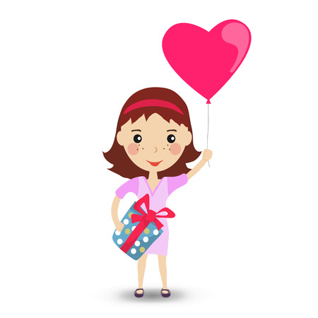 Happy girl with a balloon in the form of a heart in purple dress. Happy Birthday card. Cartoon vector illustration.のイラスト素材