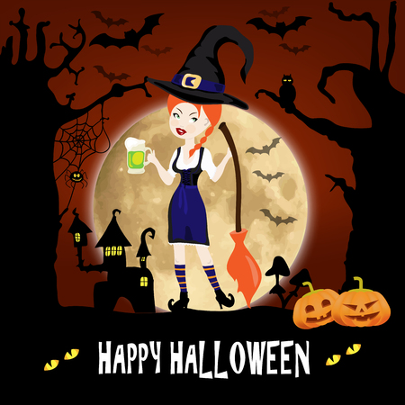 Happy Halloween template invitation cards with sexy witch girl with a broom on a background of forests and moons and pumpkinsのイラスト素材