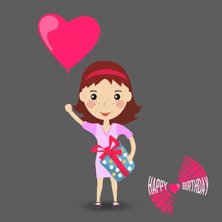 Happy girl with a balloon in the form of a heart in purple dress. Happy Birthday card. Cartoon vector illustration.のイラスト素材