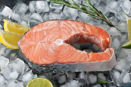 frozen steak of salmon on ice cubes with lime lemon and rosemary. top view