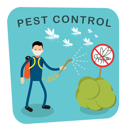 Pest control banner design. Service Employee pest control man in uniform with balloons and sprays. Banner for web page or website. Sign of a red circle with an insect. Flat vector illustrationのイラスト素材