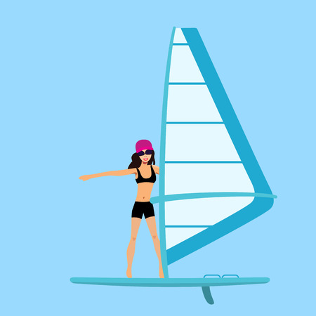 Vector Female Windsurfing Cartoon Illustration. Girl floats on a board with a sail.のイラスト素材