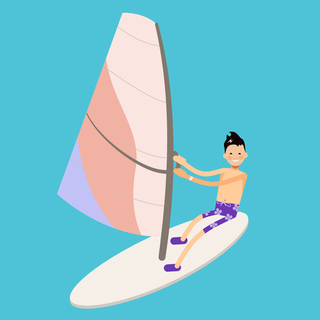 vector male character in flat style - boy windsurfのイラスト素材